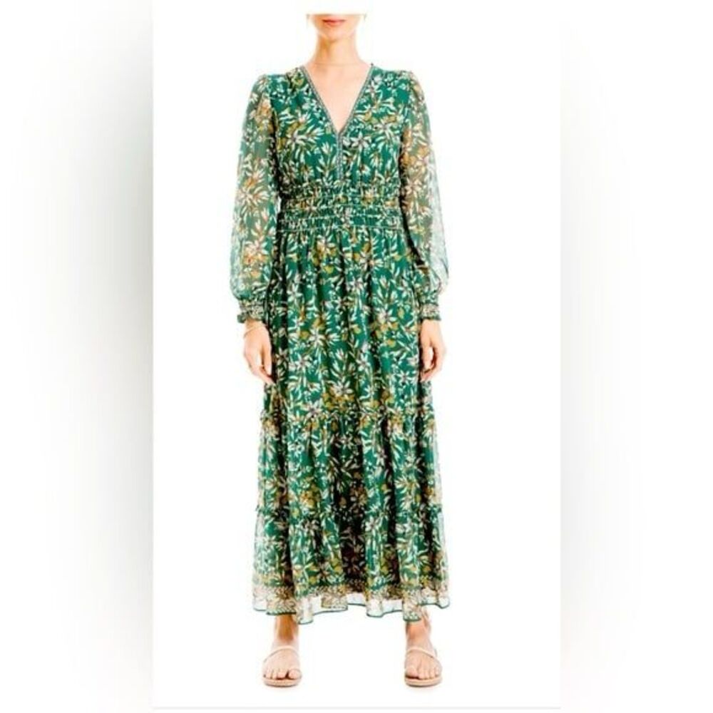 Max Studio London Green Floral V-neck sheer long sleeve maxi dress size L